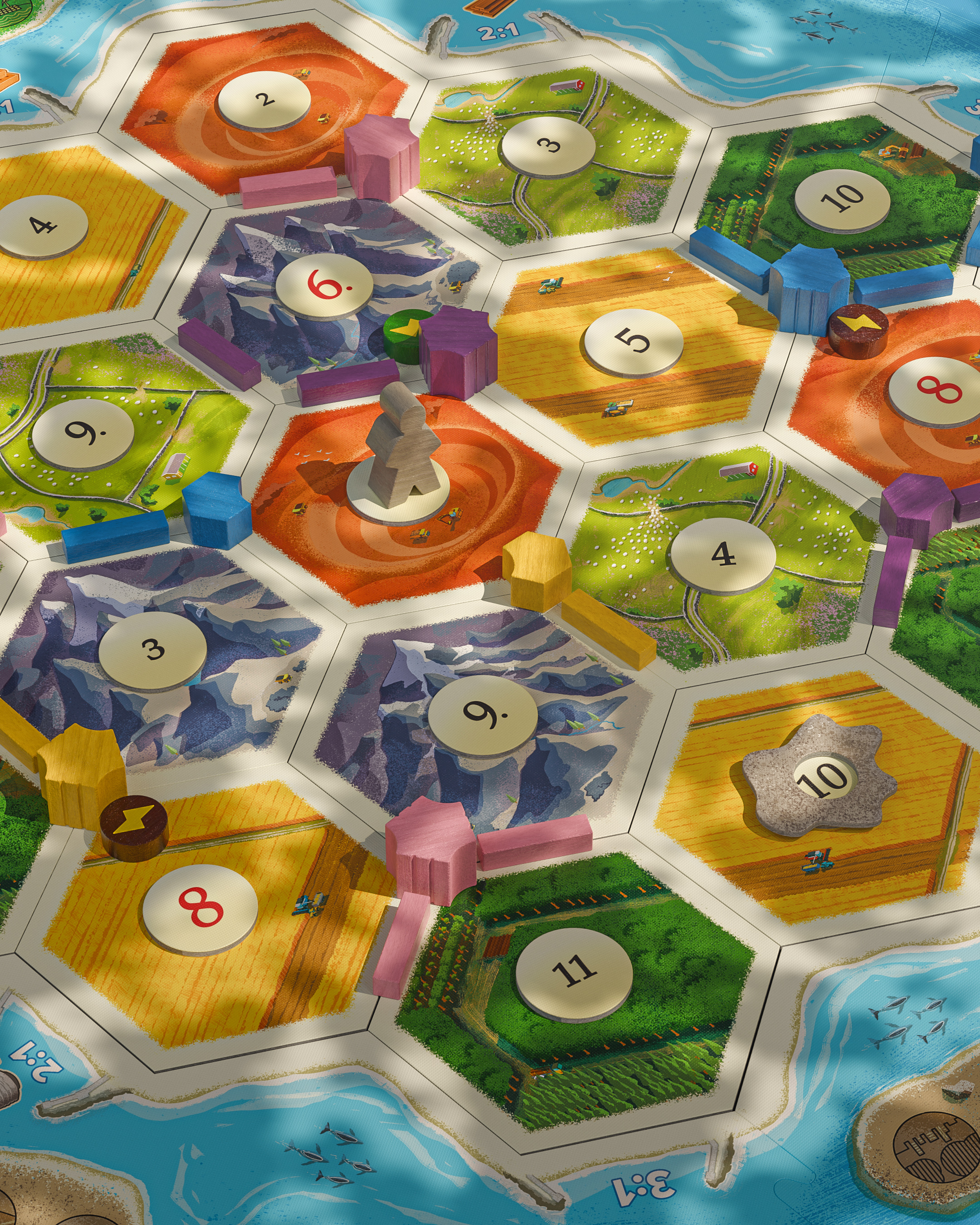 An image showing the board of CATAN new energies with various colored, hexagonal tiles, while featuring new yellow, blue, pink and purple game pieces unique to this game. Photo by Andreas Resch.