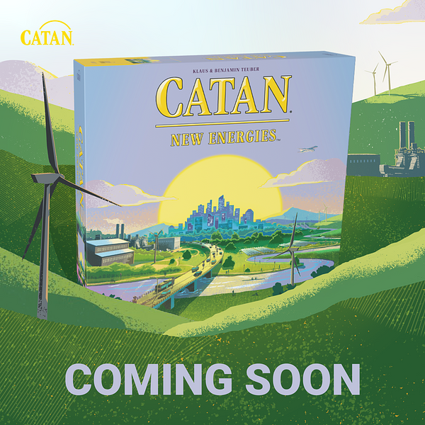 Picture of the CATAN - New Energies box in a area covered in green hills with a wind turbine on the left side, with the words "Coming Soon" on the bottom.