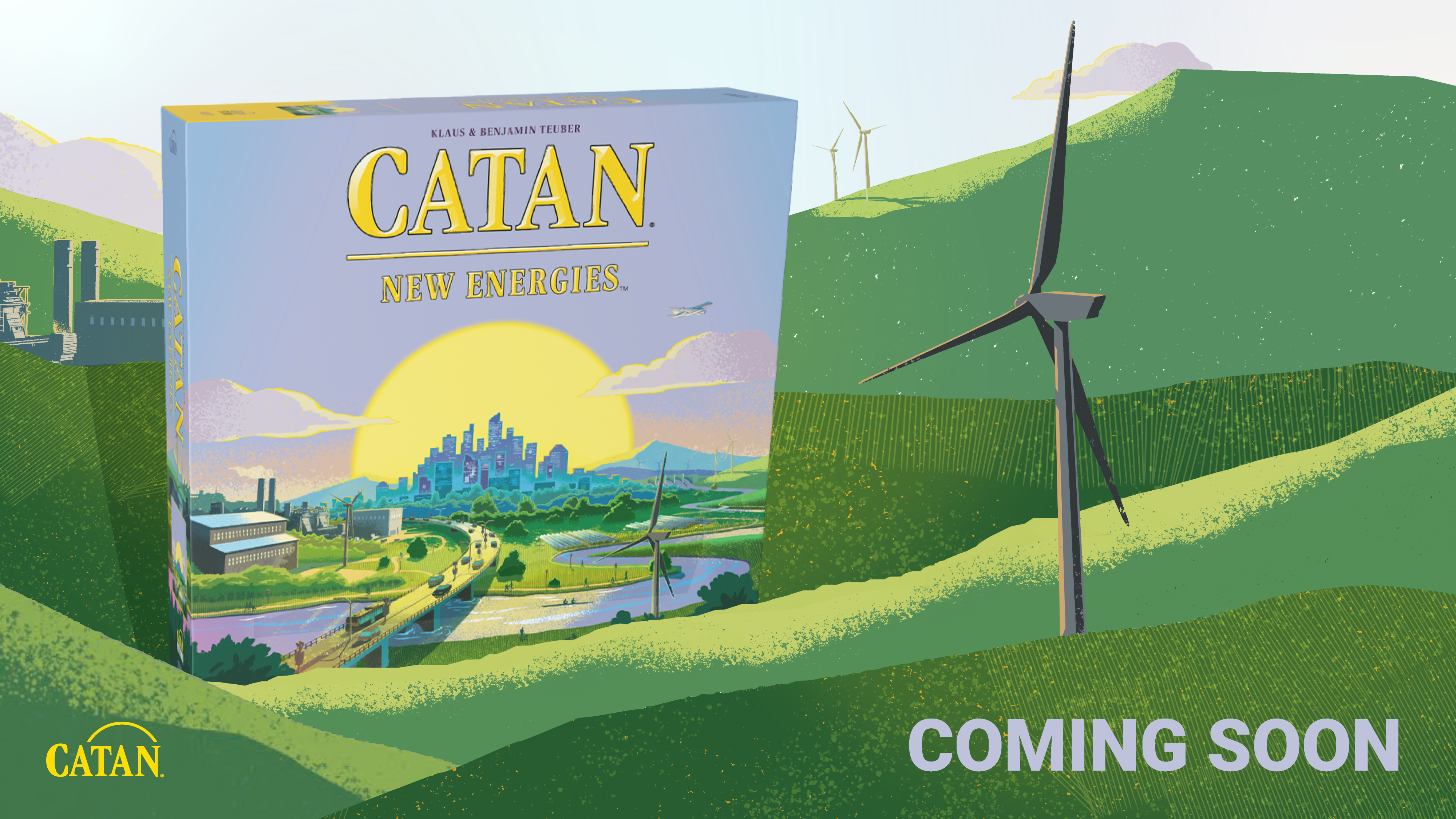 Picture of the CATAN - New Energies box in a wind farm with a wind turbine. With the words Coming Soon in the bottom right corner. 