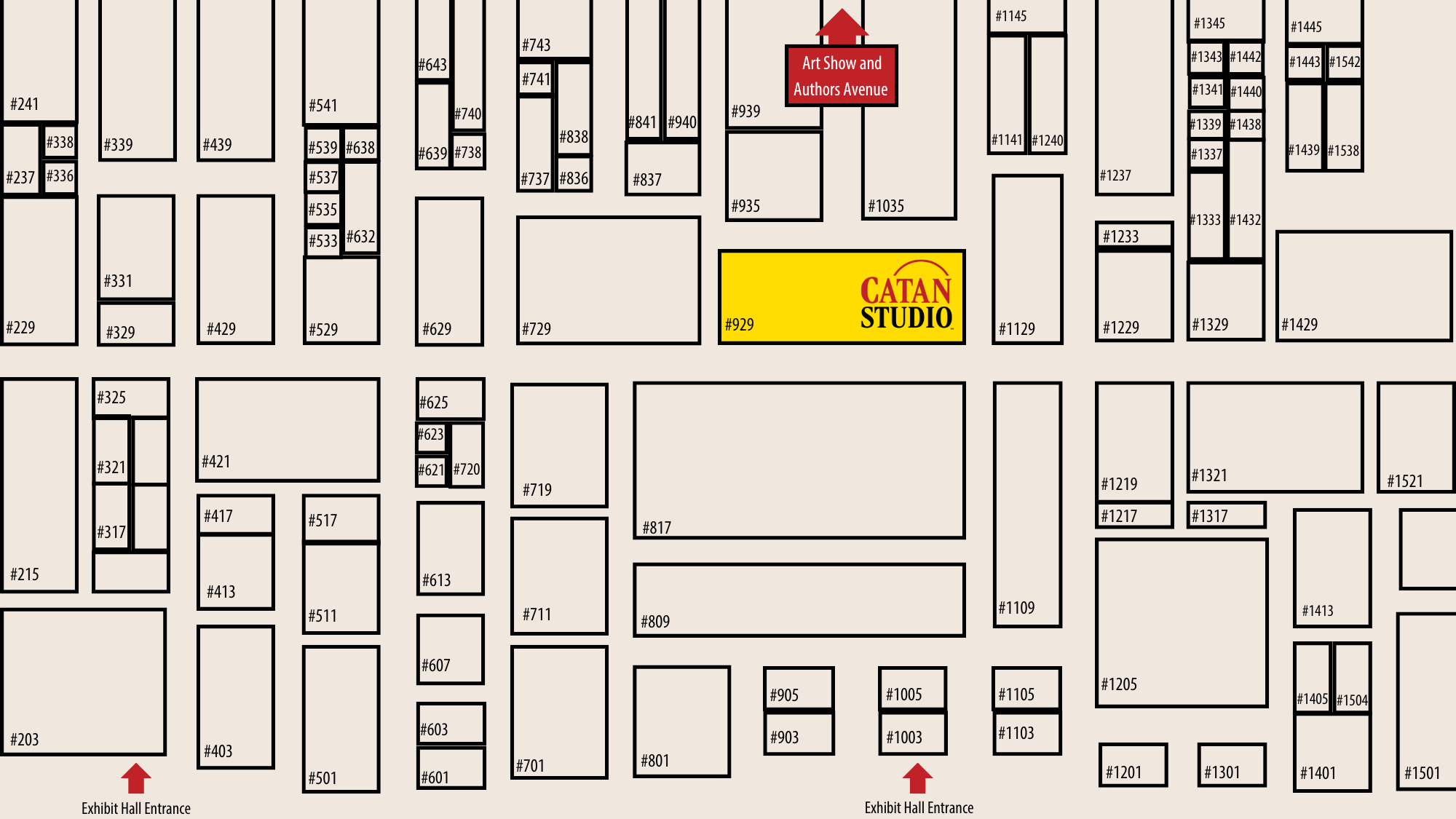 A zoomed in version of the GenCon 2024 exhibition hall map. With a yellow rectangle representing where Booth #929 for CATAN Studio will be. 