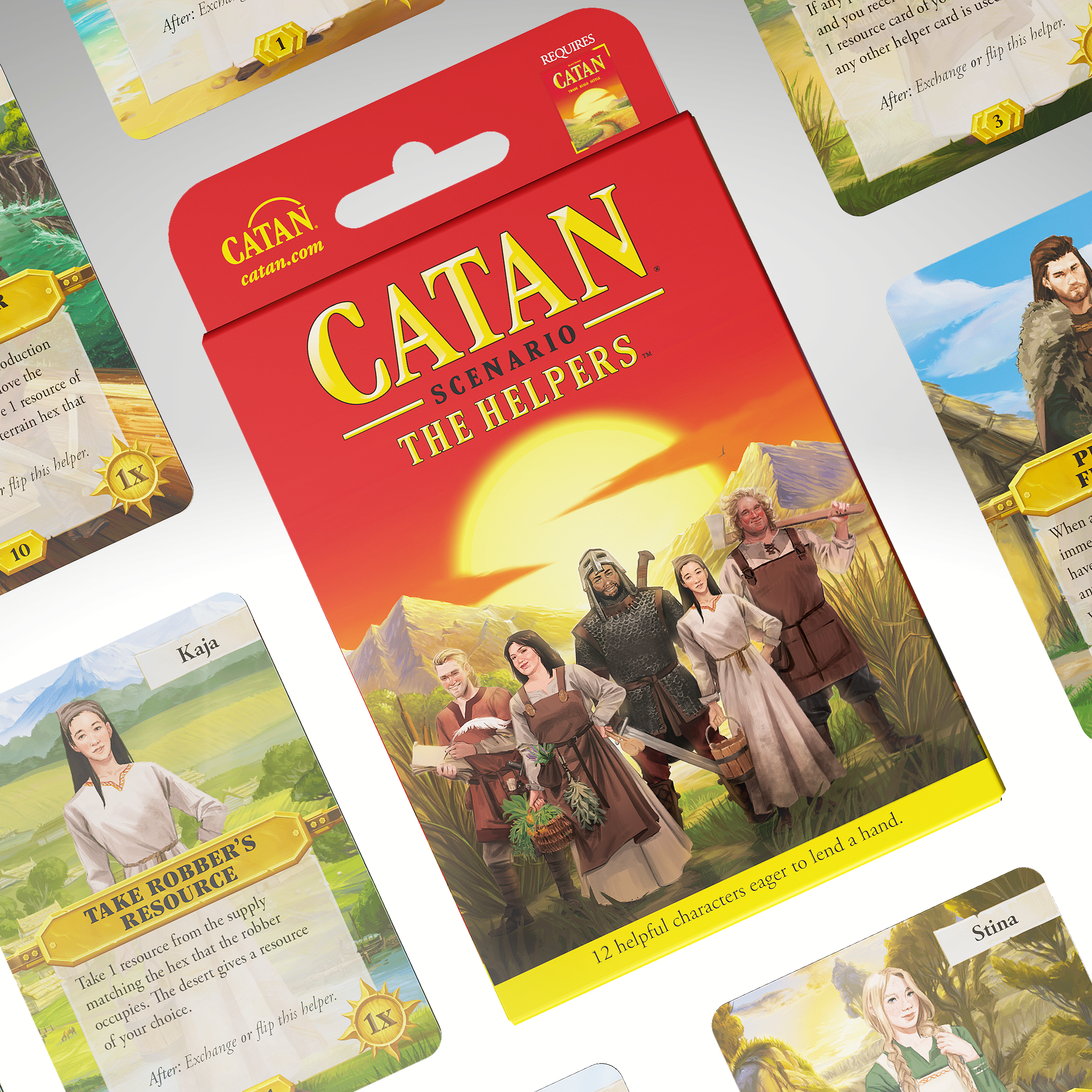 A red box of cards labeled CATAN Scenario – the Helpers, various cards from the deck are around the box angled diagonally.
