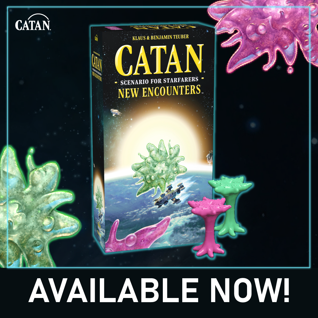 A black box with green and pink amoeba like creatures in the left bottom and right top corners and the CATAN – Starfarers – New Encounters box in the middle. 