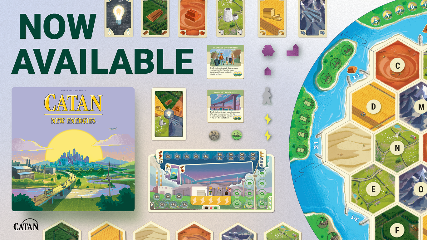 Big, bolded letters in the top right corner area of the image saying NOW AVAILABLE with a picture of the CATAN – New Energies box below it. Towards the left half of the image there are various colorful game pieces shown as well as different resource cards. 
