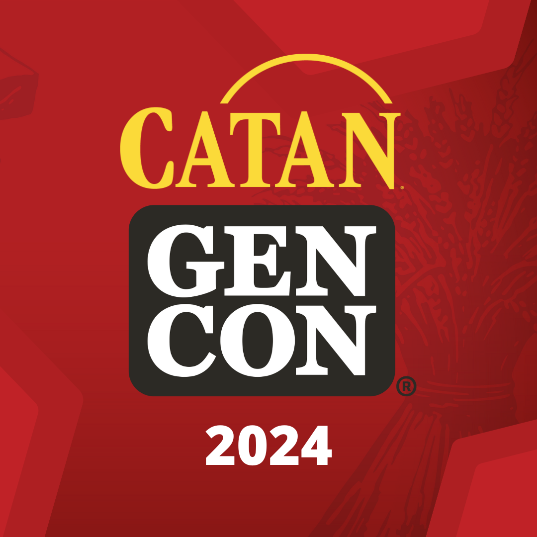 A red background with the yellow CATAN logo and black and white GenCon logo with white text saying 2024.