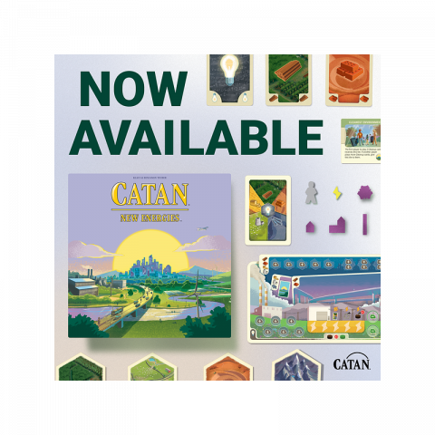 Big, bolded letters in the top right corner area of the image saying NOW AVAILABLE with a picture of the CATAN – New Energies box below it. Towards the left half of the image there are various colorful game pieces shown as well as different resource cards. 